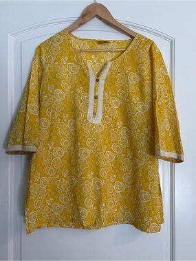 Aurelia Women’s Yellow Floral Henley Tunic cotton Top Size XL